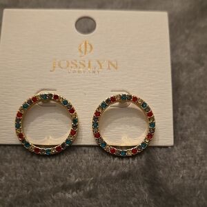 Josslyn Gold Circle Earrings with Red and Blue Accents